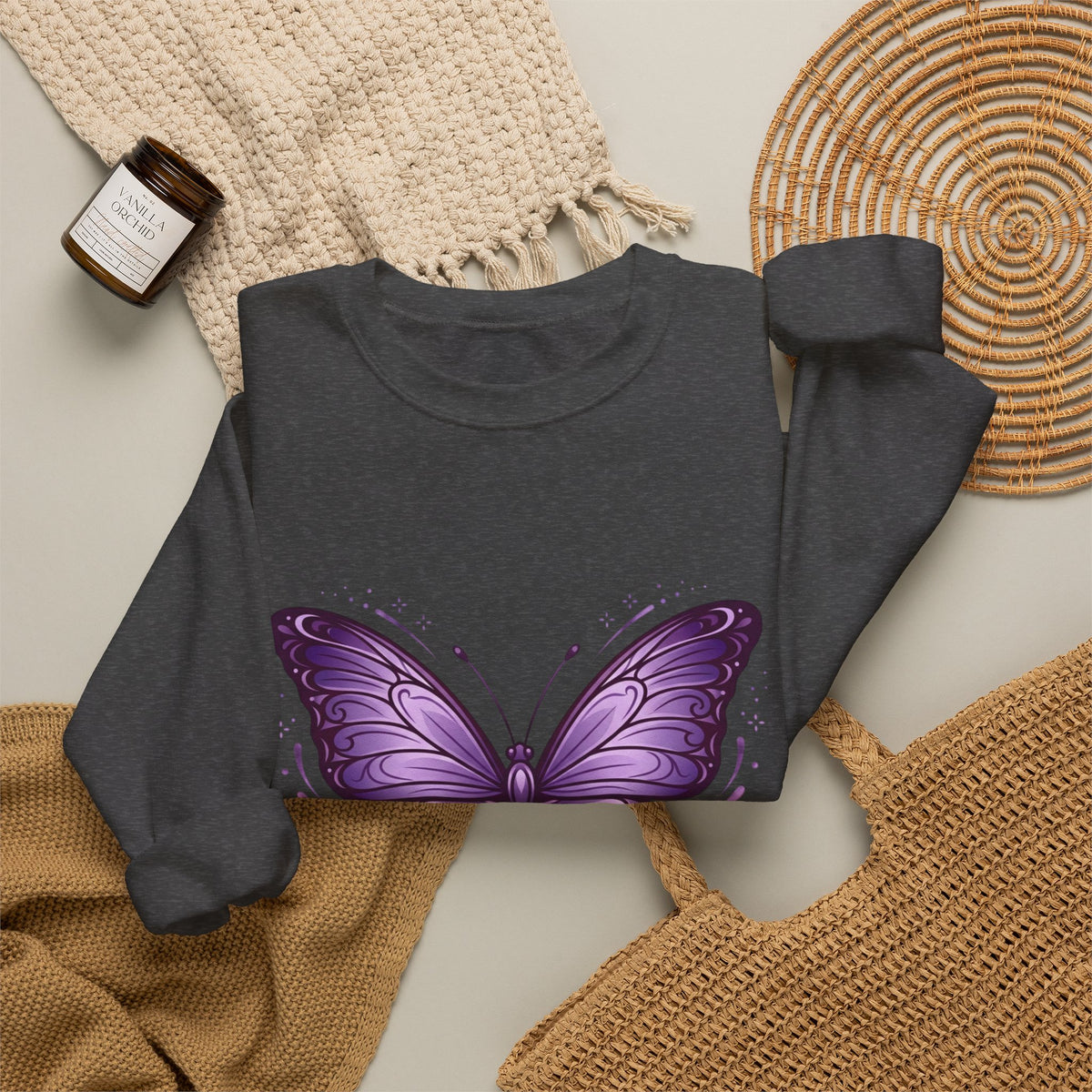 Purple Butterfly Crewneck Sweatshirt — Vibrant Graphic Butterfly Pullover