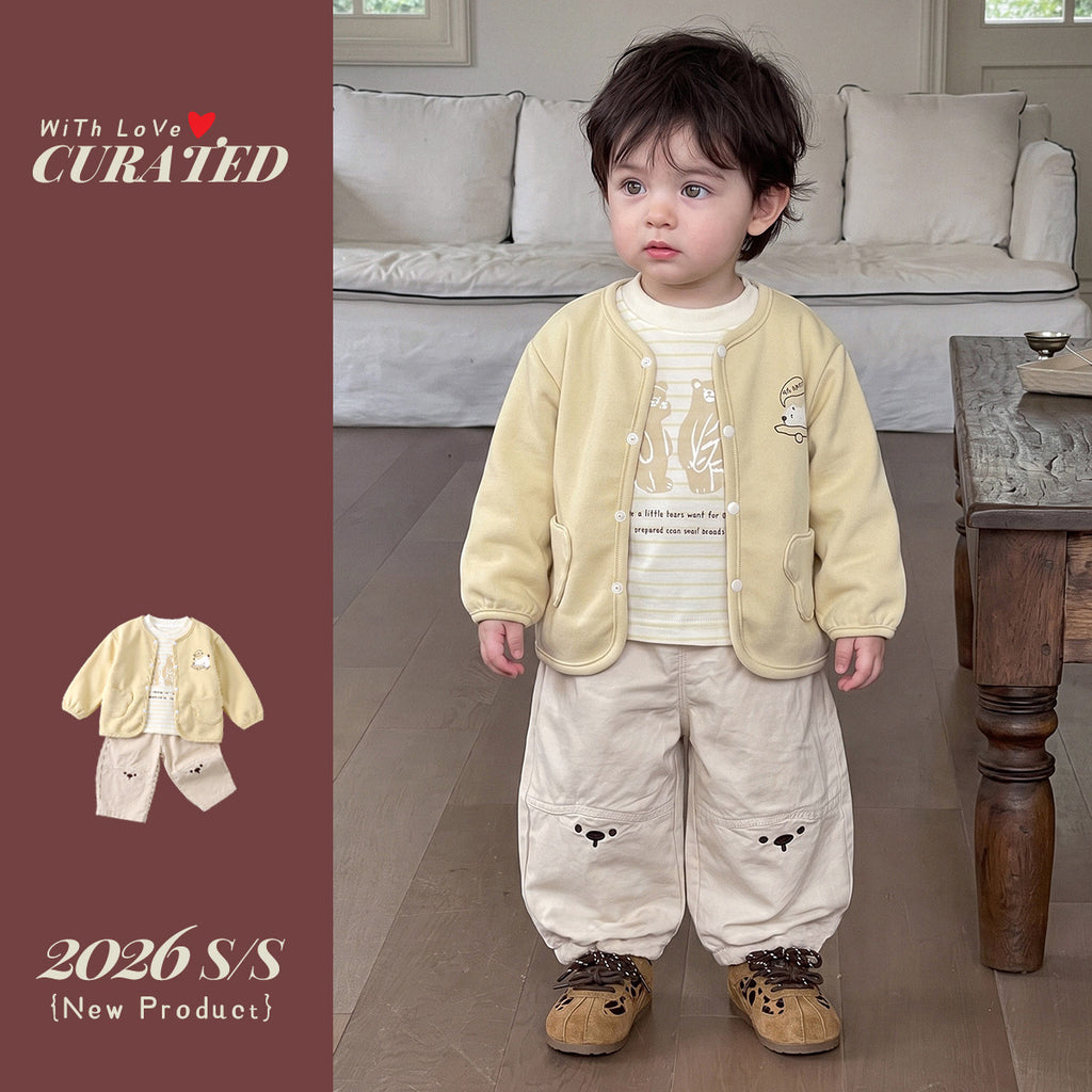 Korean Style Autumn Boys' 3-Piece Set, Simple Jacket, Striped T-Shirt, Cartoon Casual Pants, Kids Outfit