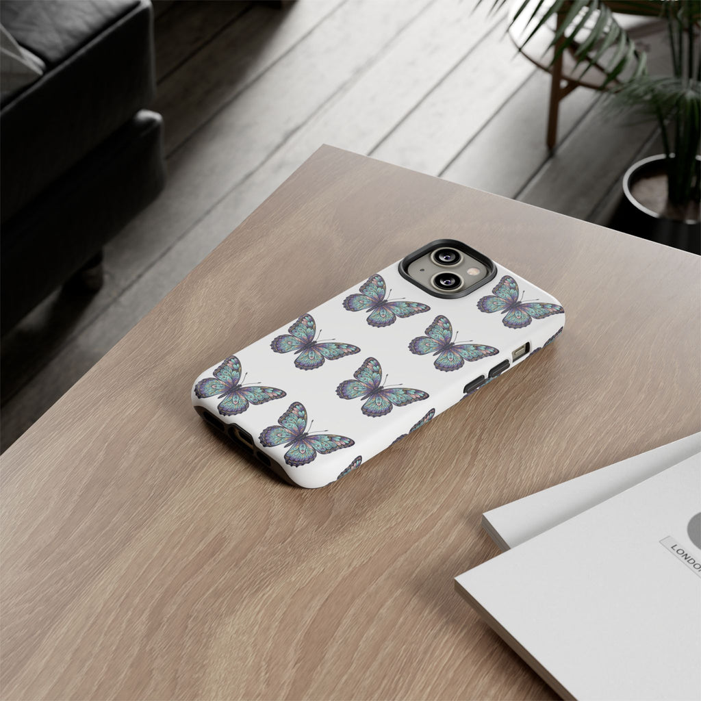 Butterfly Pattern Tough Phone Case — Vintage Teal Floral Protective Cover