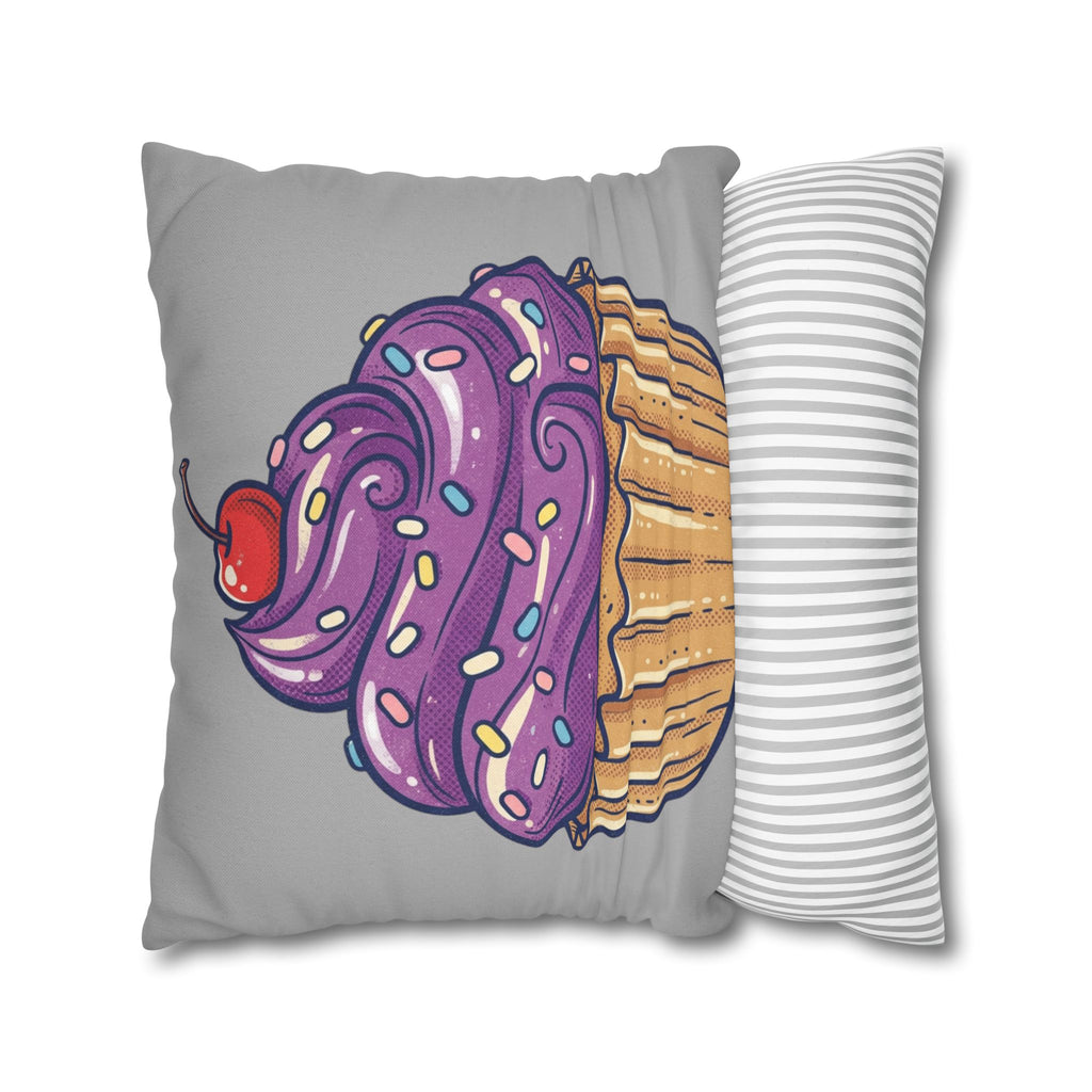Cupcake Cushion Cover — Purple Frosting Dessert Pillowcase- Light Grey