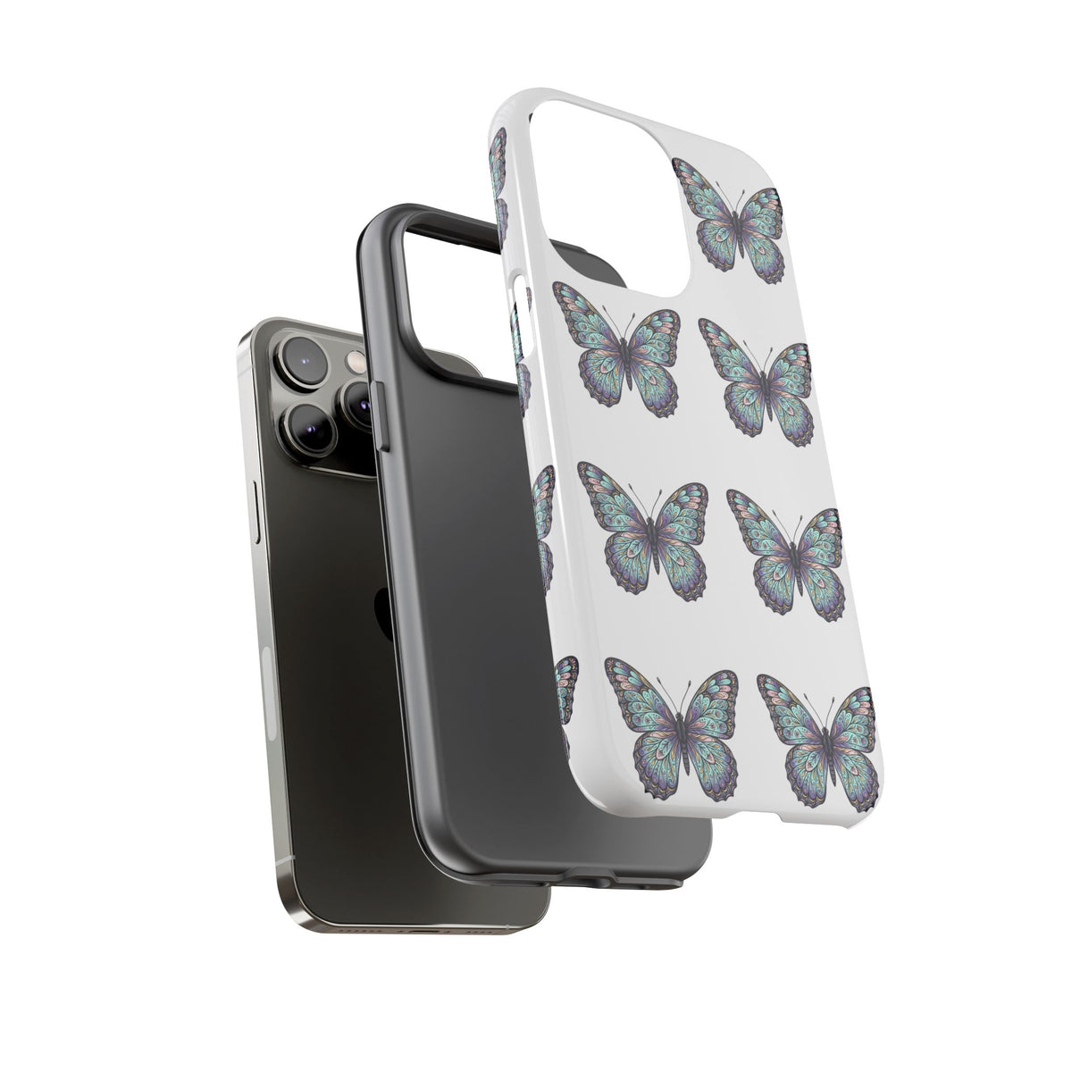 Butterfly Pattern Tough Phone Case — Vintage Teal Floral Protective Cover