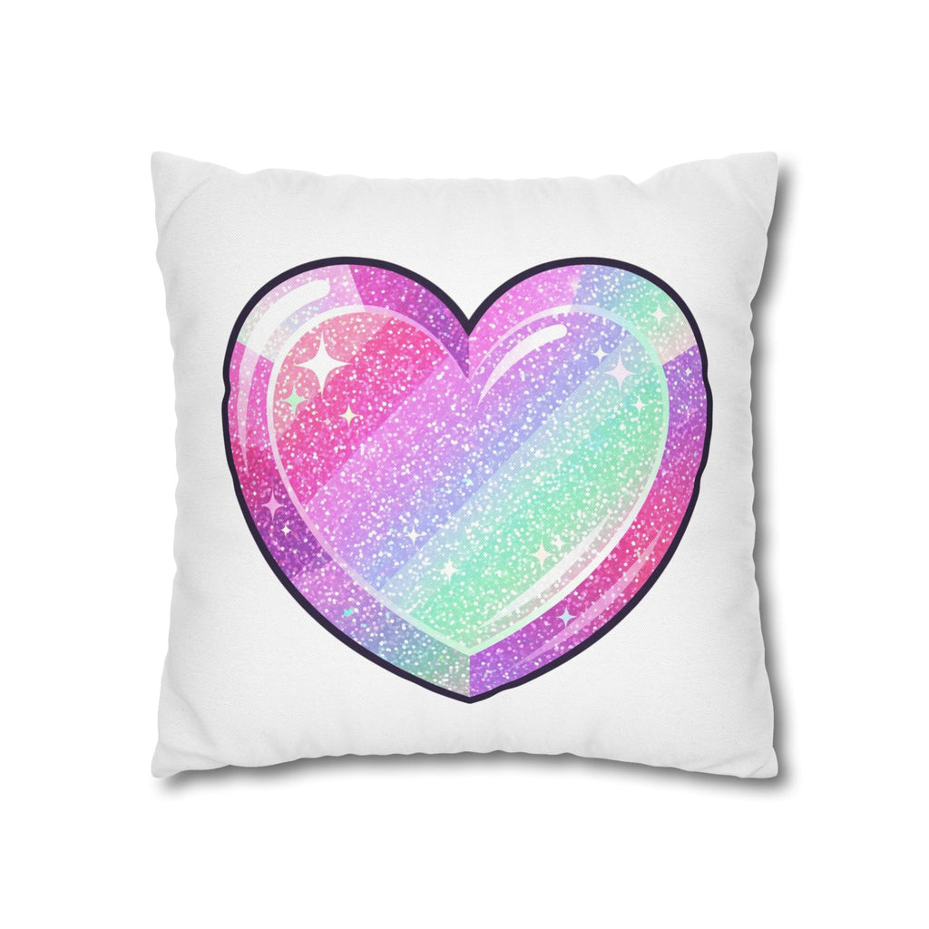 Pastel Glitter Heart Pillowcase — Cute Rainbow Sparkle Decorative Throw Pillow- White