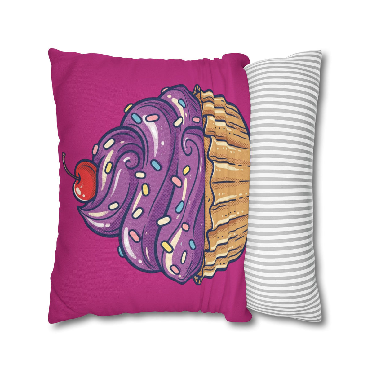 Cupcake Illustration Pillowcase - Purple Frosting Decorative Throw Pillow Cover- Magenta