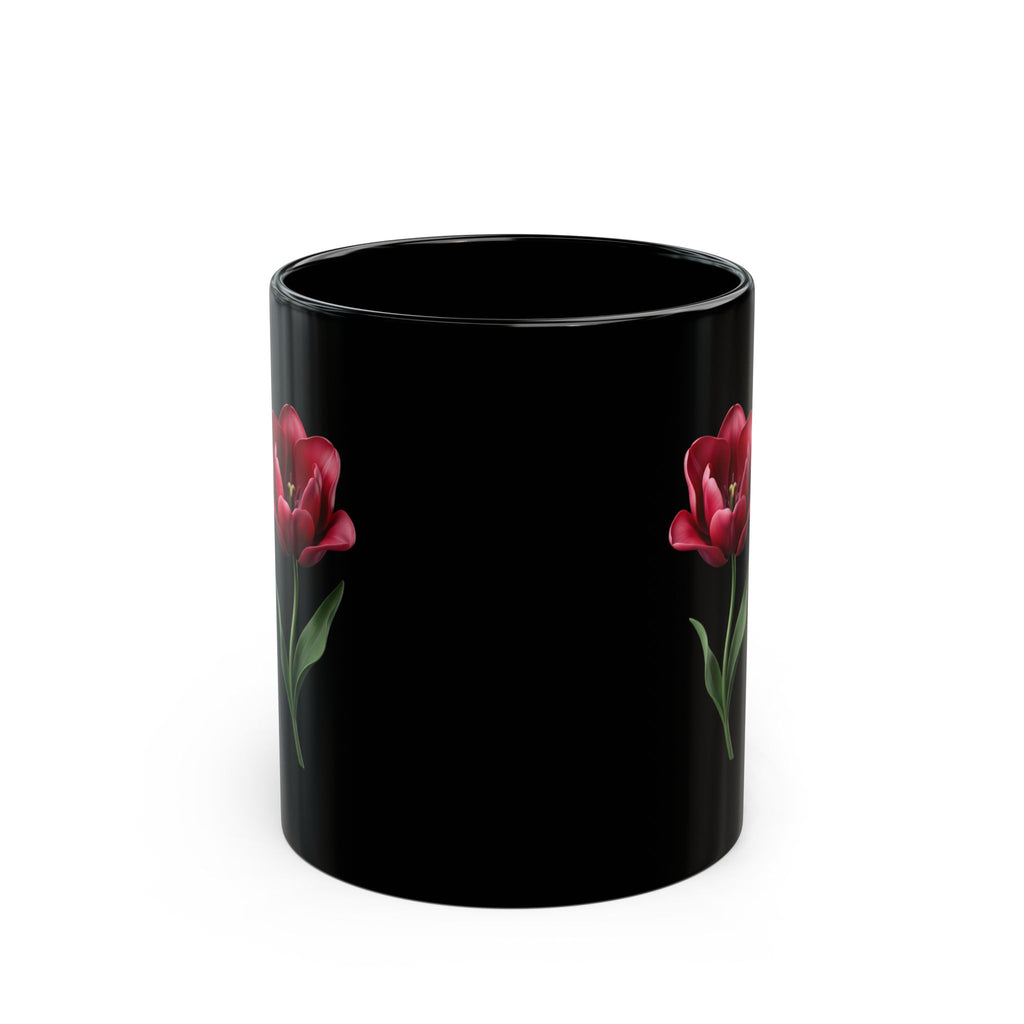 Black Floral Mug — Red Tulip Ceramic Coffee Cup (11oz & 15oz)