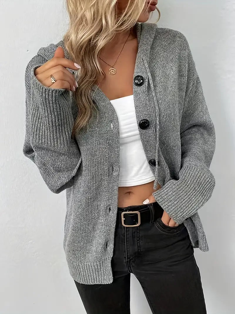 Solid colour hooded single breasted cardigan for women