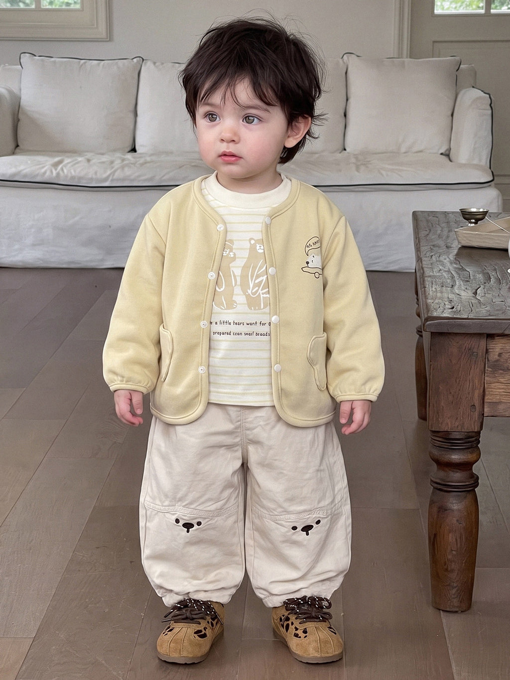 Korean Style Autumn Boys' 3-Piece Set, Simple Jacket, Striped T-Shirt, Cartoon Casual Pants, Kids Outfit
