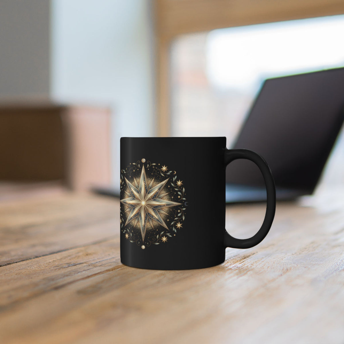 Black Ceramic Mug — Gold Nautical Compass Star Design (11oz/15oz)