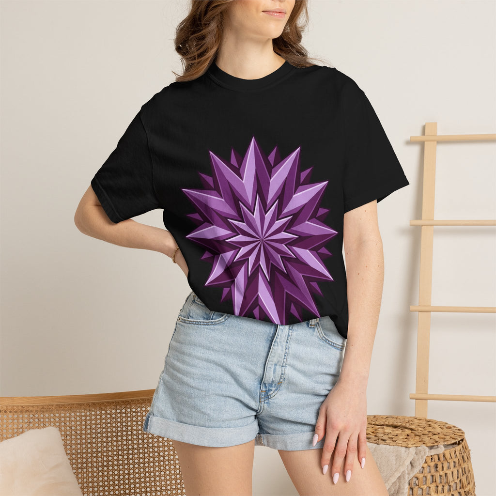 Purple Geometric Starburst T-Shirt — Bold 3D Floral Graphic Tee