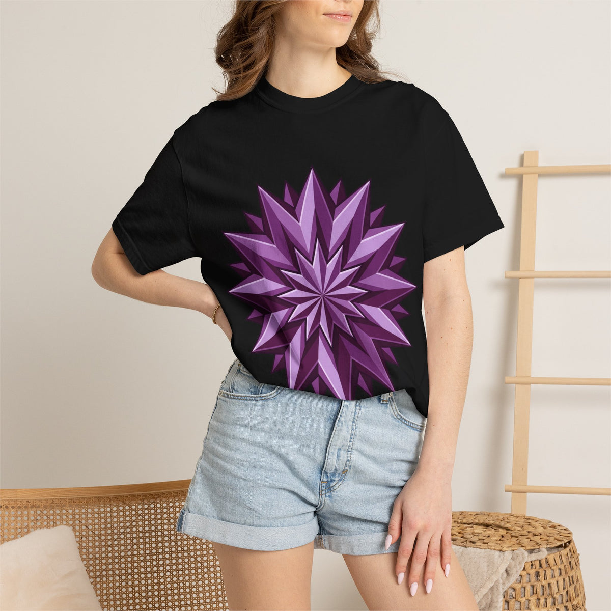 Purple Geometric Starburst T-Shirt — Bold 3D Floral Graphic Tee