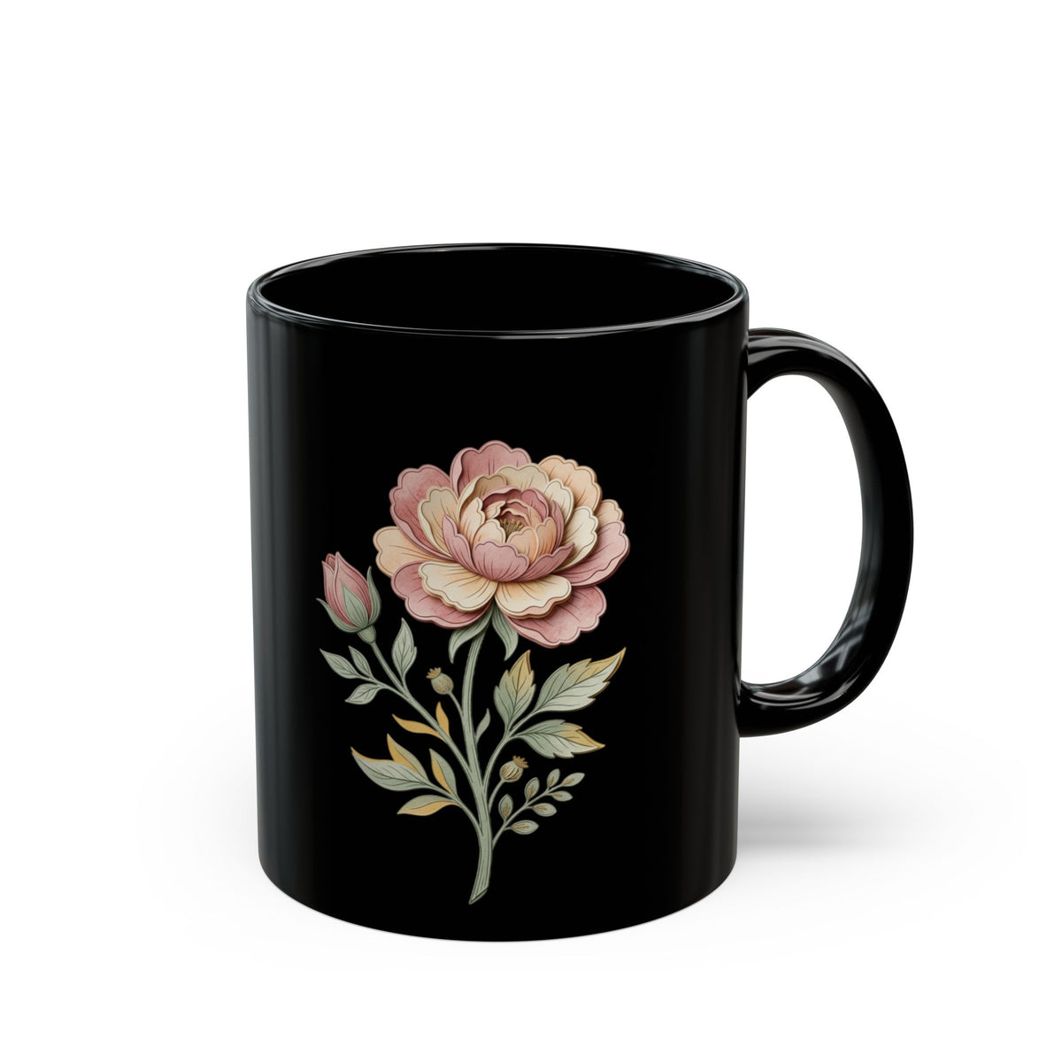 Floral Vintage Rose Black Ceramic Mug — Elegant Pink Peony Coffee Cup (11oz/15oz)