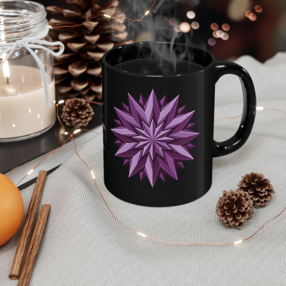 Purple Geometric Starburst Black Mug — 11oz & 15oz Ceramic Coffee Cup