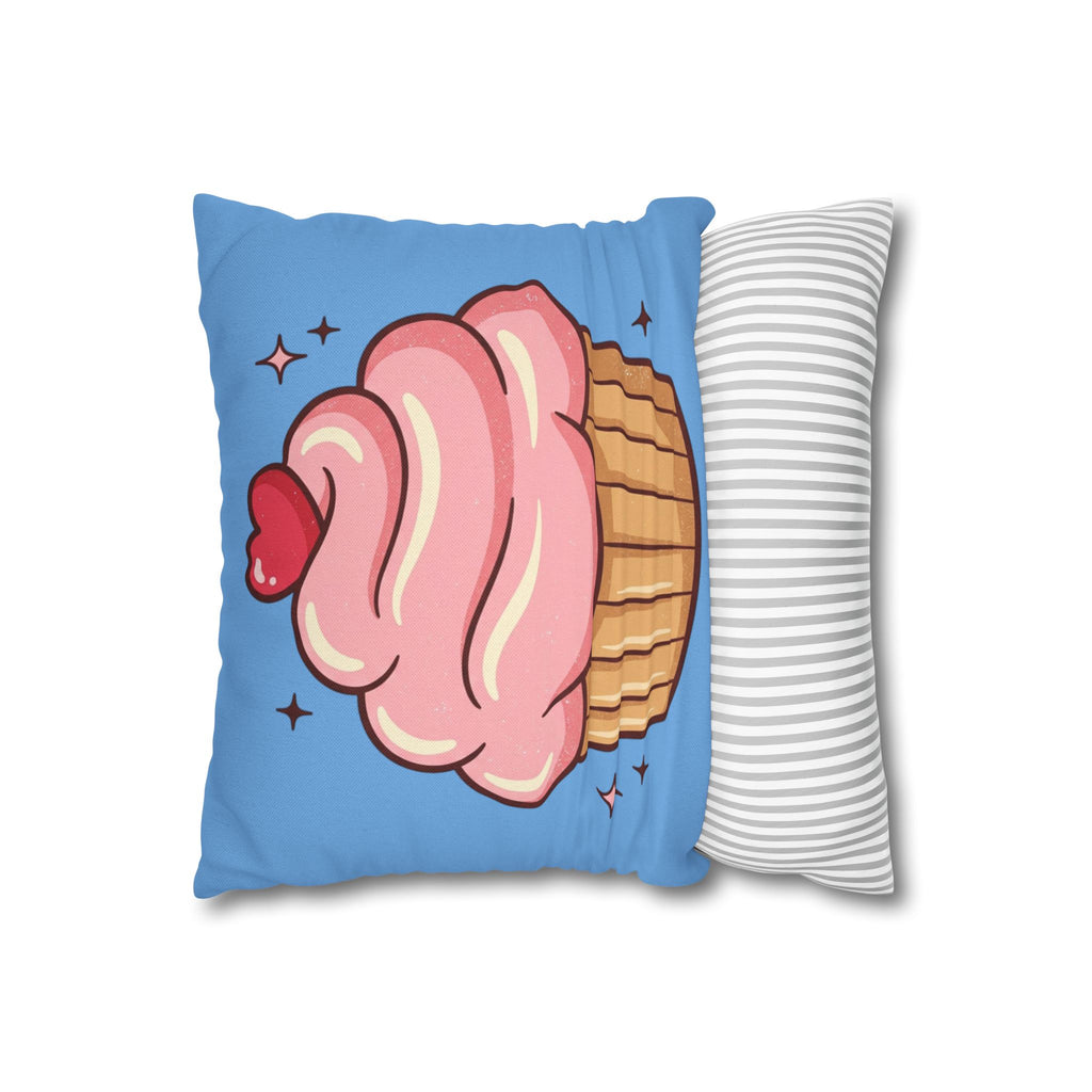 Pink Cupcake Spun Polyester Square Pillowcase- Light Blue