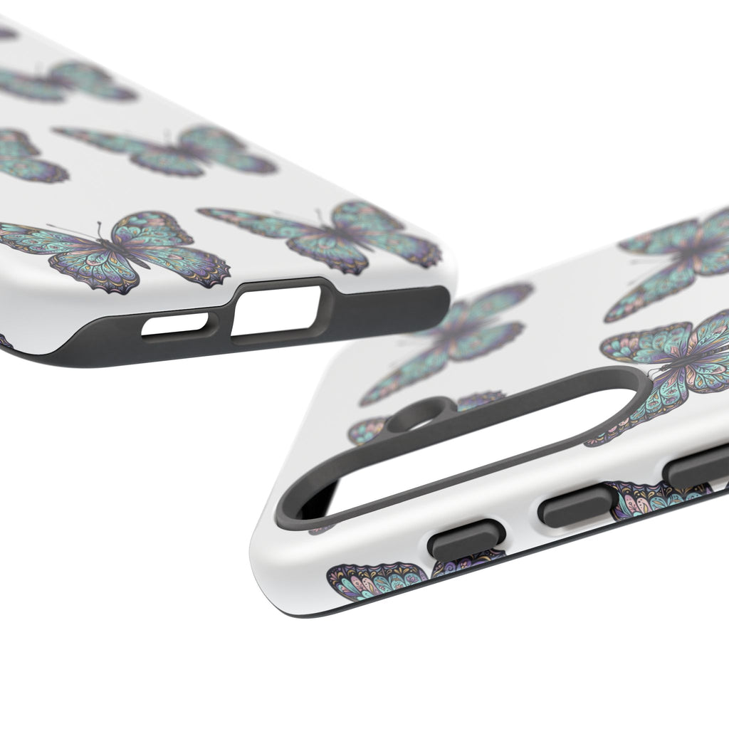 Butterfly Pattern Tough Phone Case — Vintage Teal Floral Protective Cover