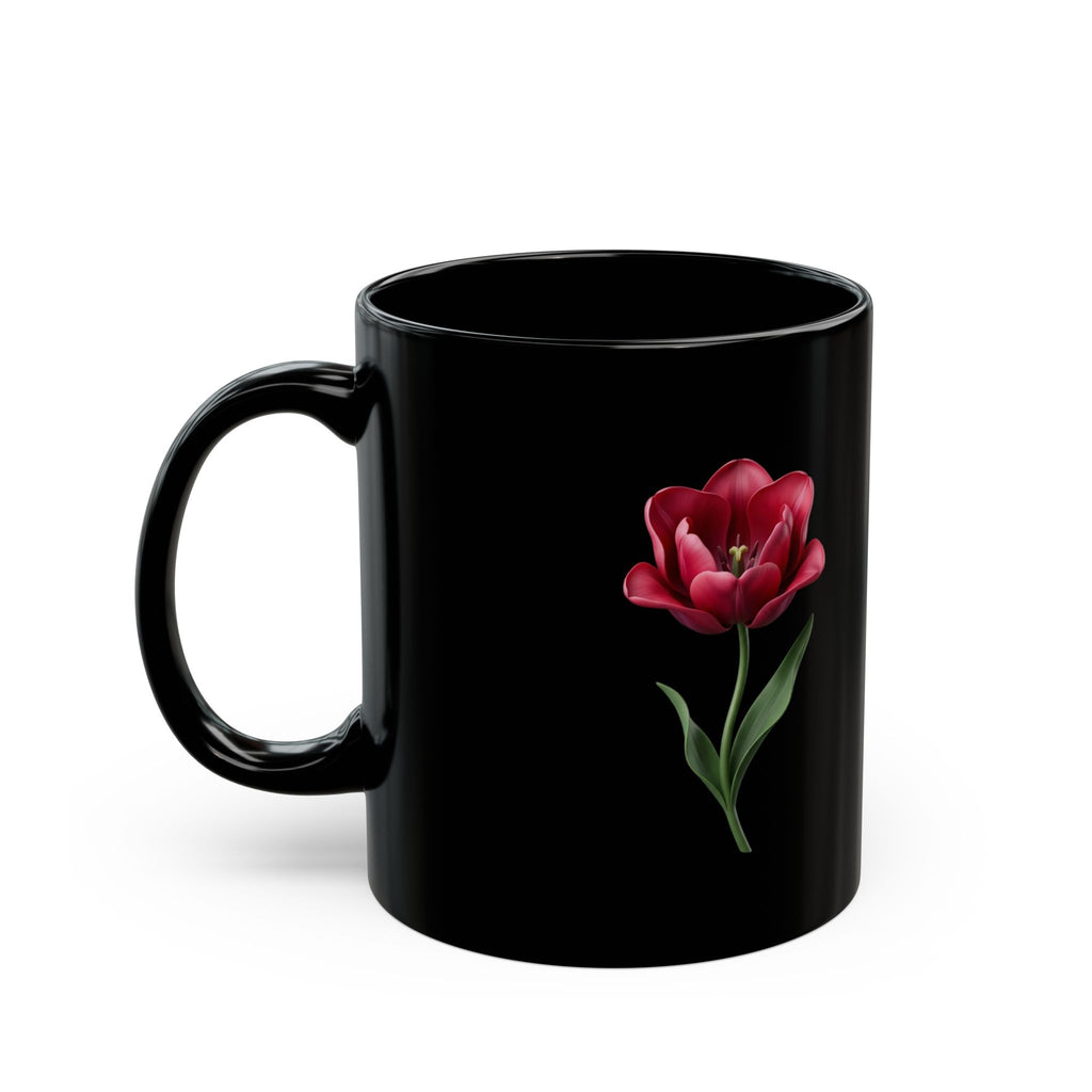 Black Floral Mug — Red Tulip Ceramic Coffee Cup (11oz & 15oz)