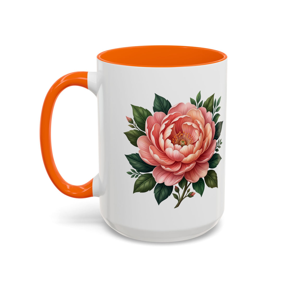 Floral Peony Accent Coffee Mug — Pink Rose Bloom Ceramic Cup