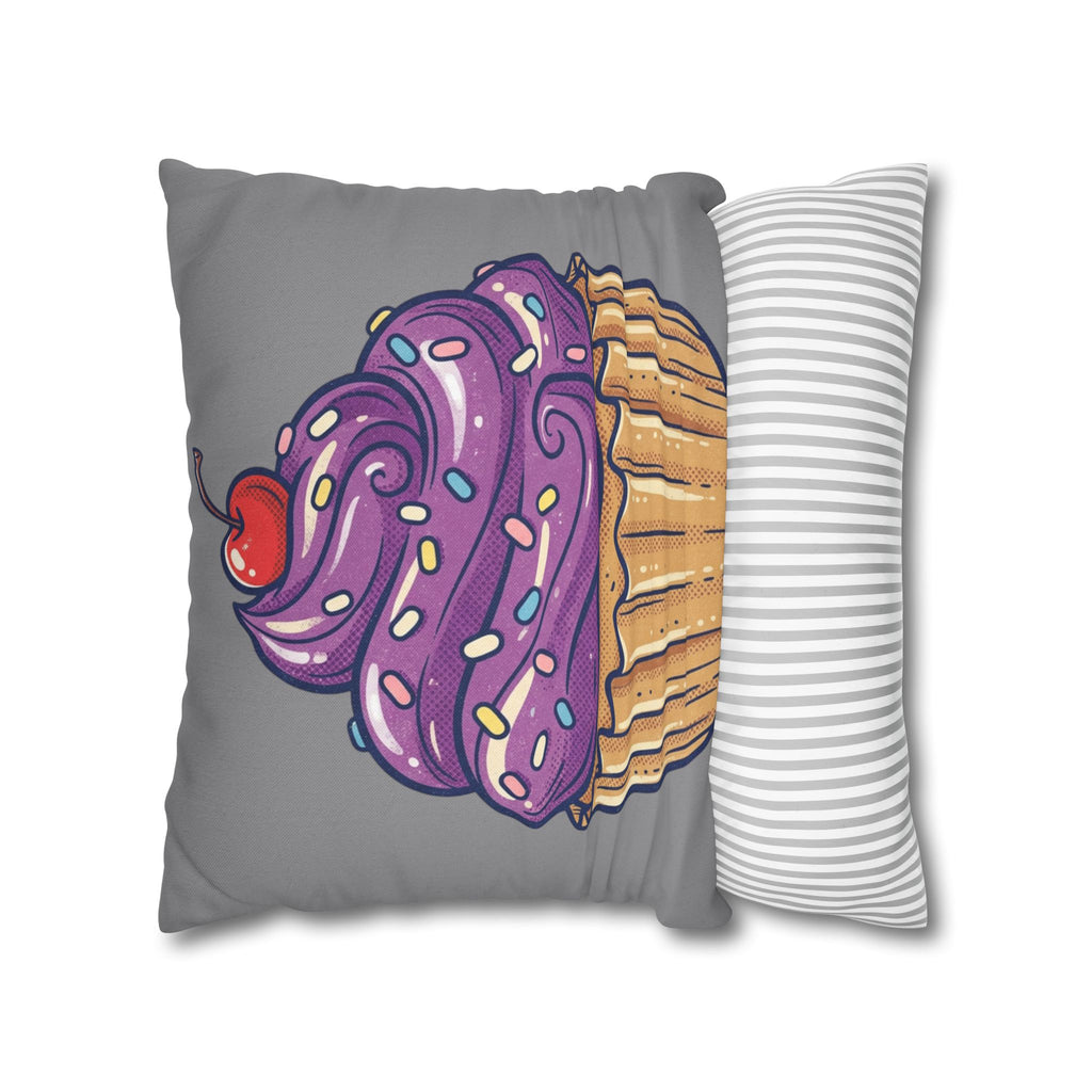 Cupcake Pillowcase — Whimsical Purple Frosting Decorative Throw Pillow- Grey