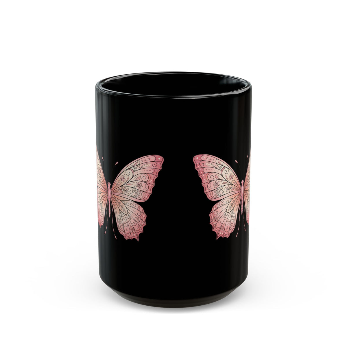 Pink Butterfly Black Mug — Elegant Floral Butterfly Ceramic Coffee Cup (11oz/15oz)