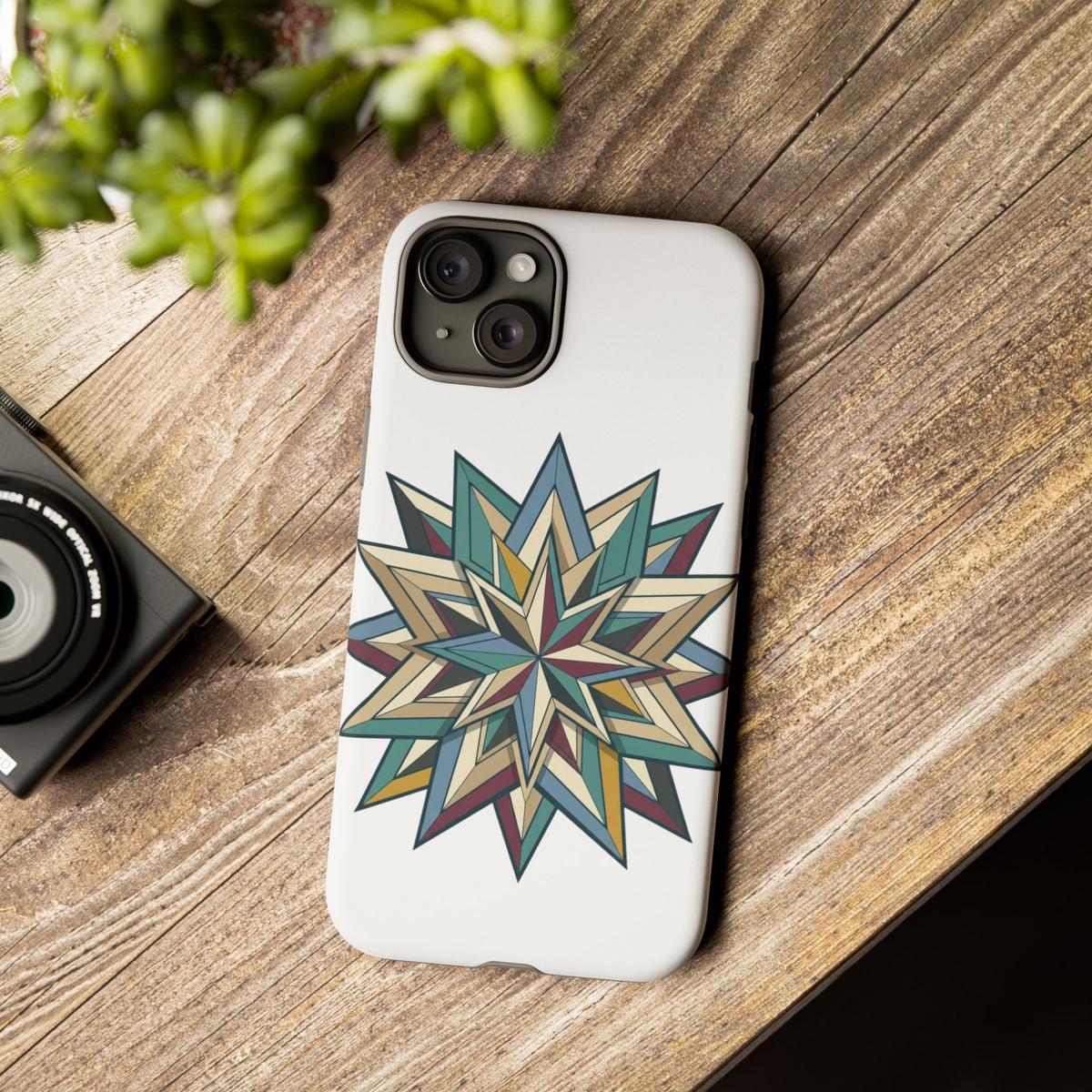 Geometric Star Phone Case — Teal & Earthtone Mandala Design