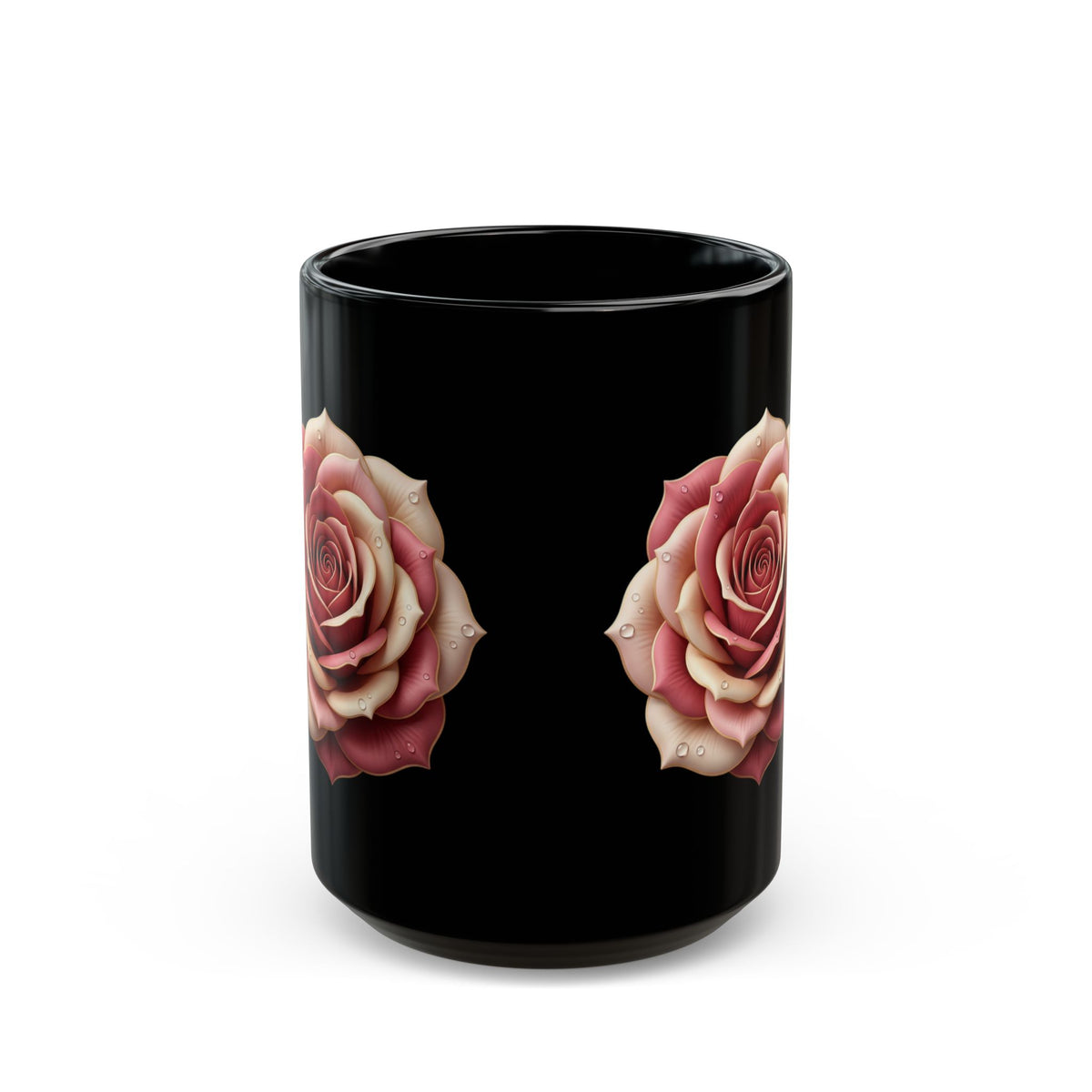 Black Rose Mug — Elegant Pink Rose on Black Ceramic (11oz & 15oz)
