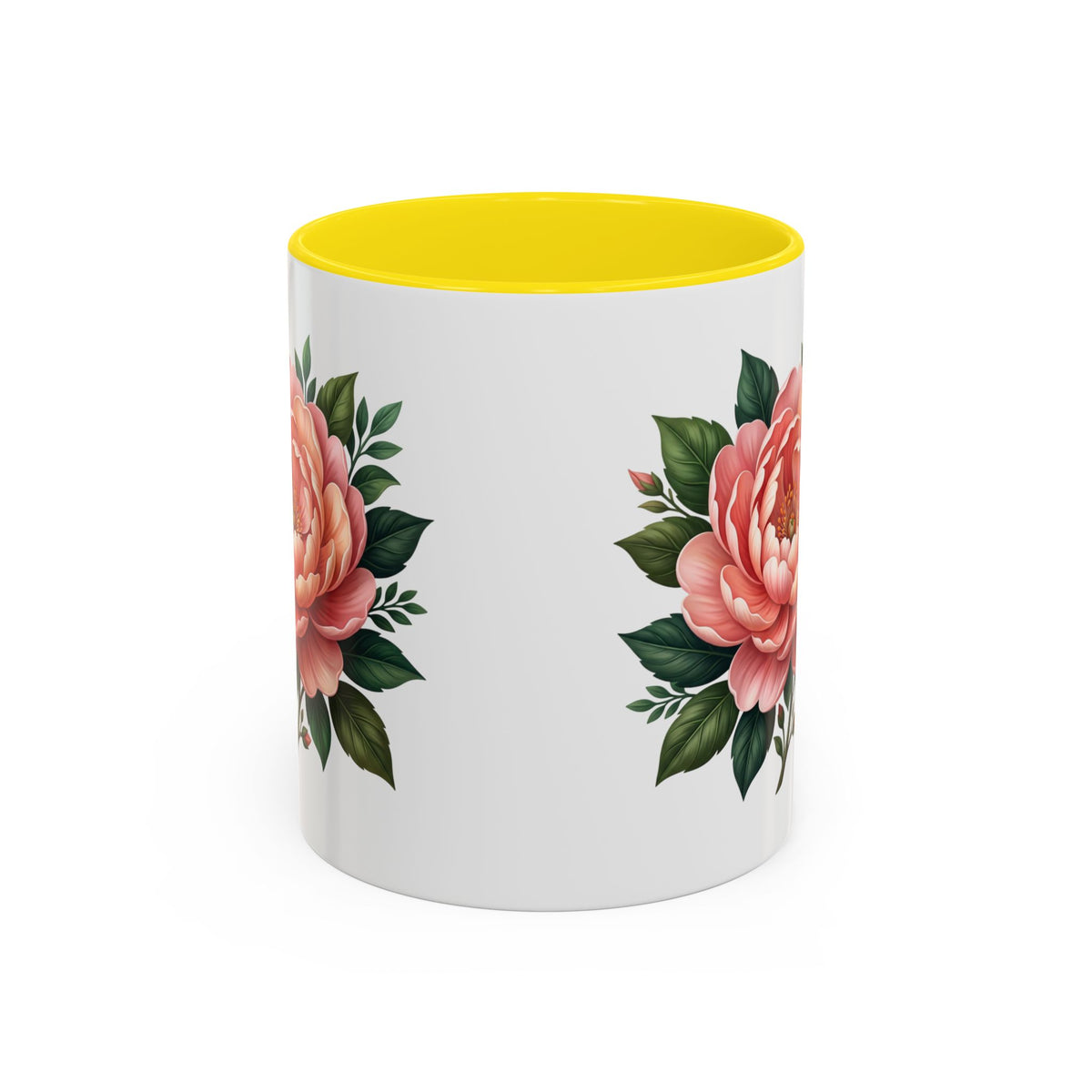 Floral Peony Accent Coffee Mug — Pink Rose Bloom Ceramic Cup