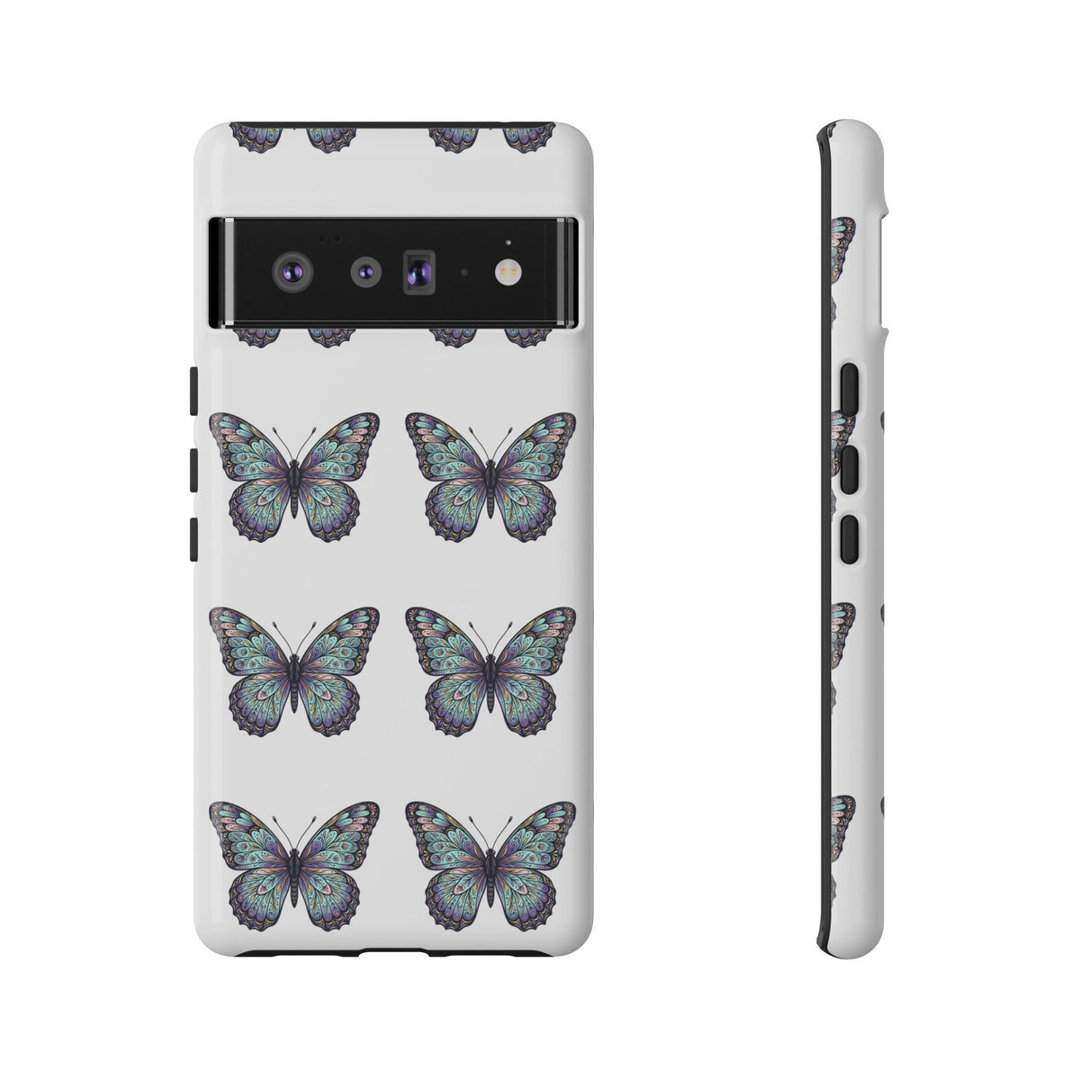 Butterfly Pattern Tough Phone Case — Vintage Teal Floral Protective Cover