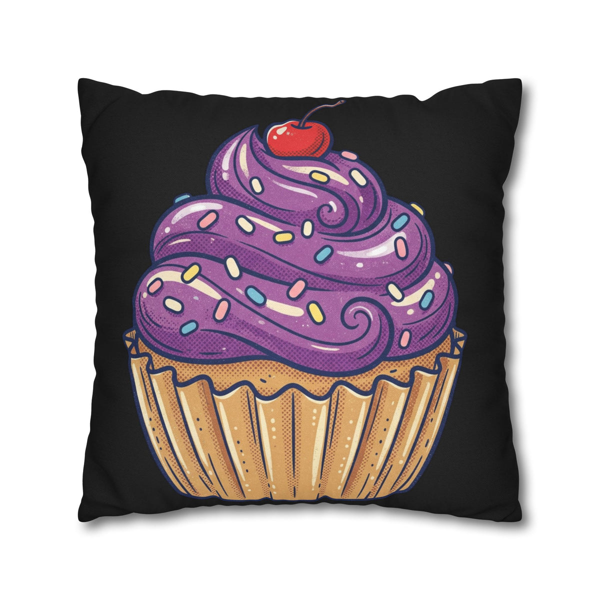 Cupcake Art Pillowcase — Purple Frosting Decorative Throw Pillowcase- Black