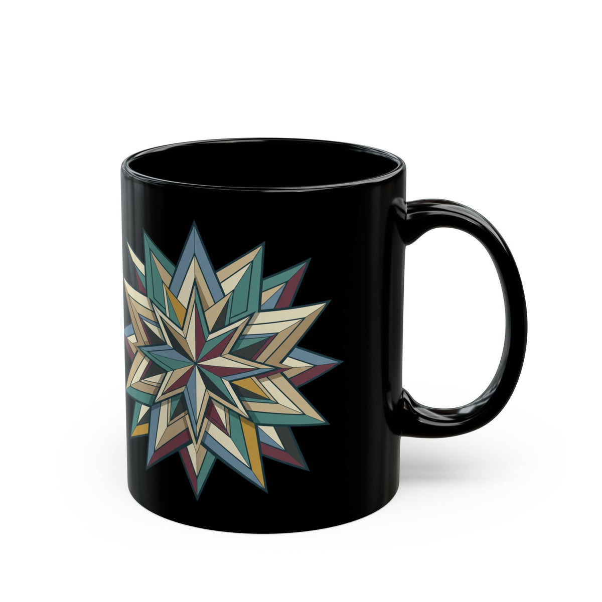 Geometric Starburst Black Ceramic Mug — 11oz & 15oz