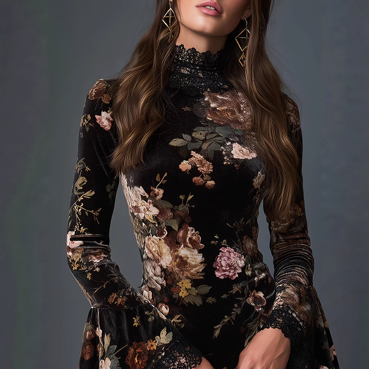 Vintage fashionable floral print lace spliced flared sleeve fitted short dress