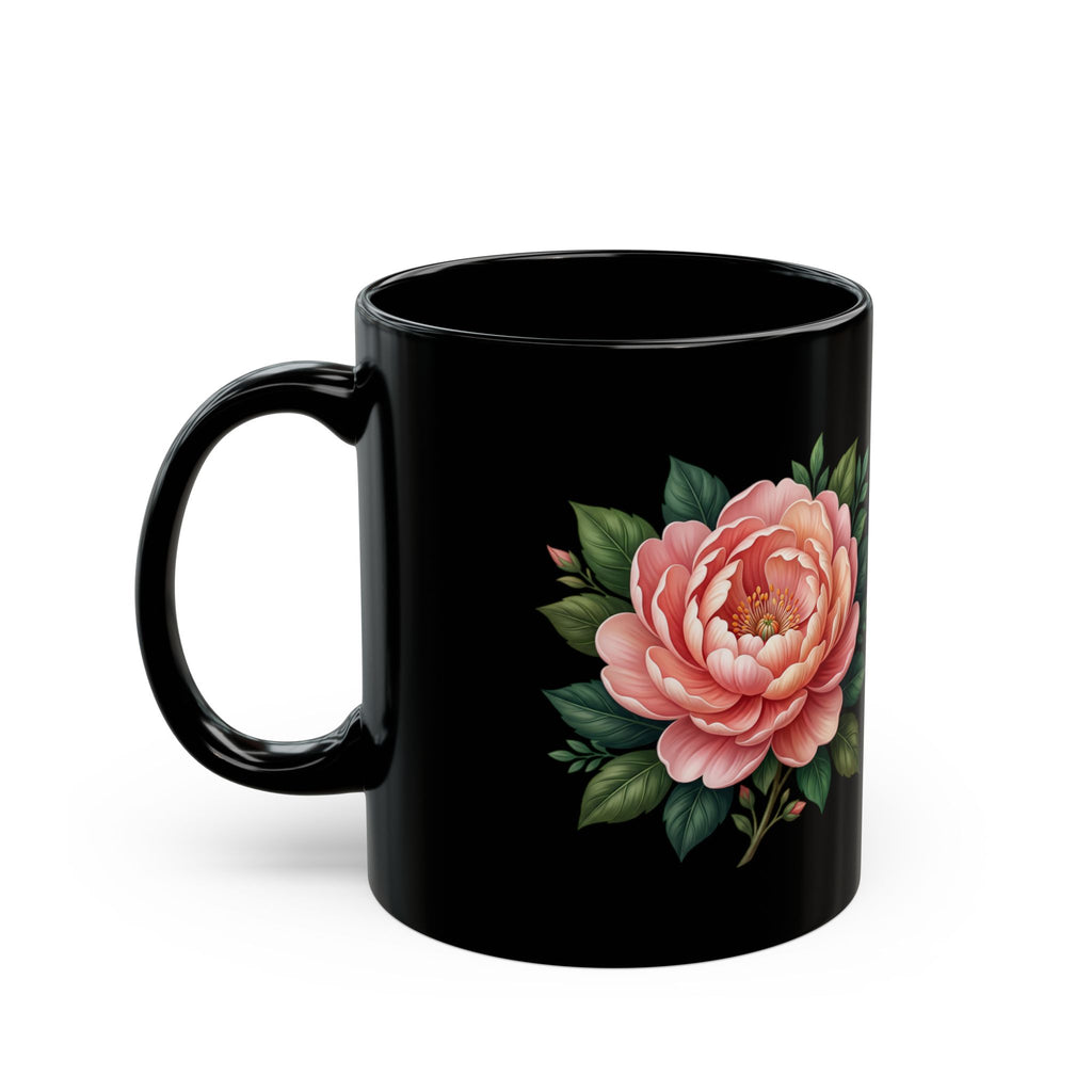 Floral Peony Black Mug — Pink Rose Coffee Cup (11oz, 15oz)
