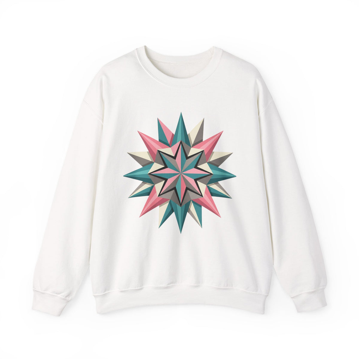 Geometric Starburst Crewneck Sweatshirt — Pink Teal Modern Compass Design