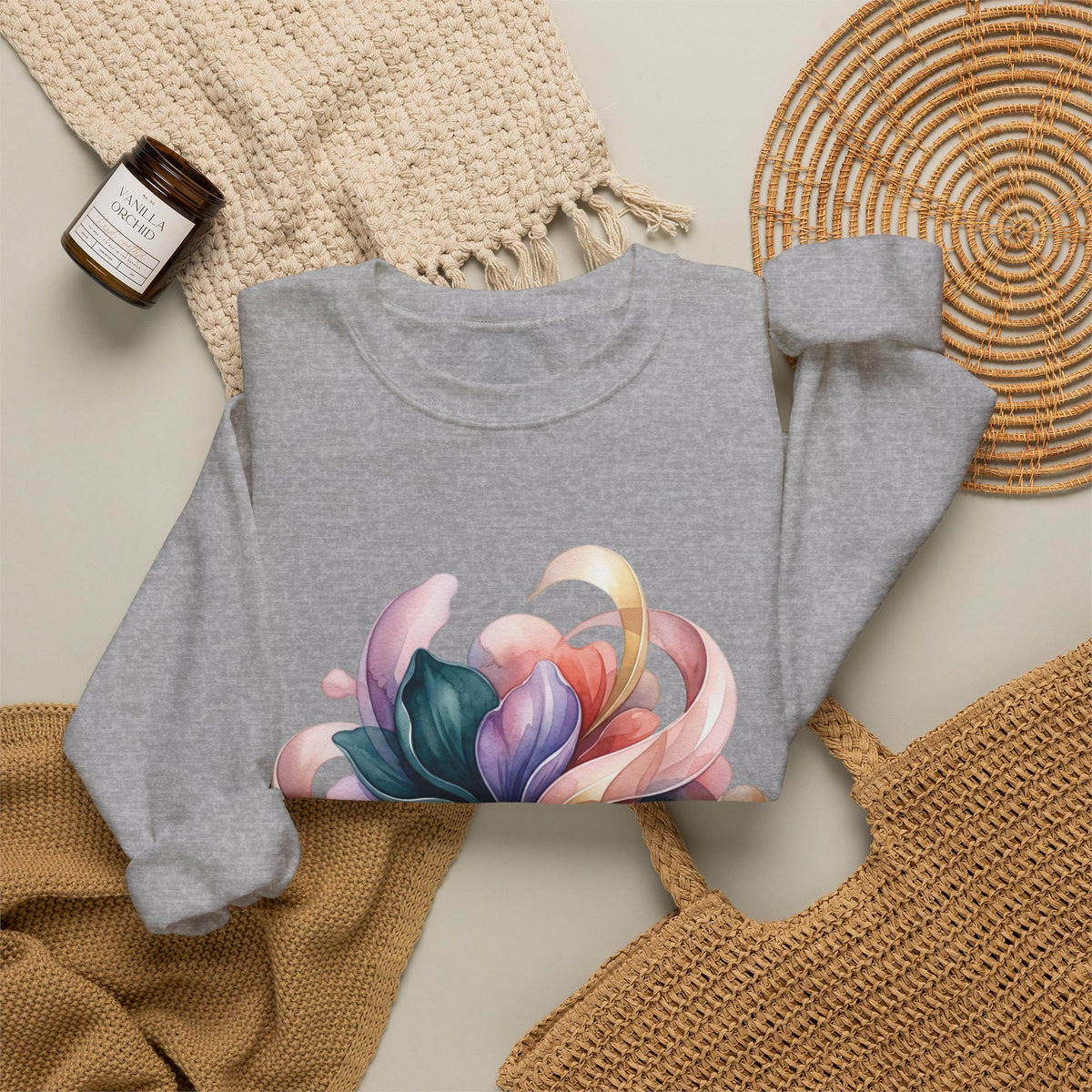 Abstract Floral Crewneck Sweatshirt — Pastel Swirl Art Pullover