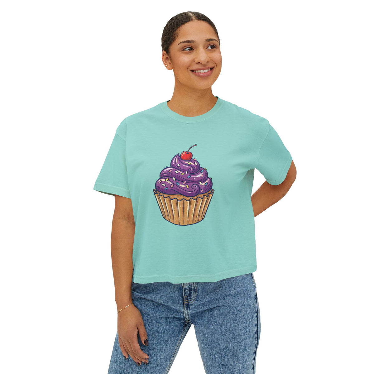 Cupcake Graphic Boxy Tee — Cute Purple Frosting Women's T-Shirt