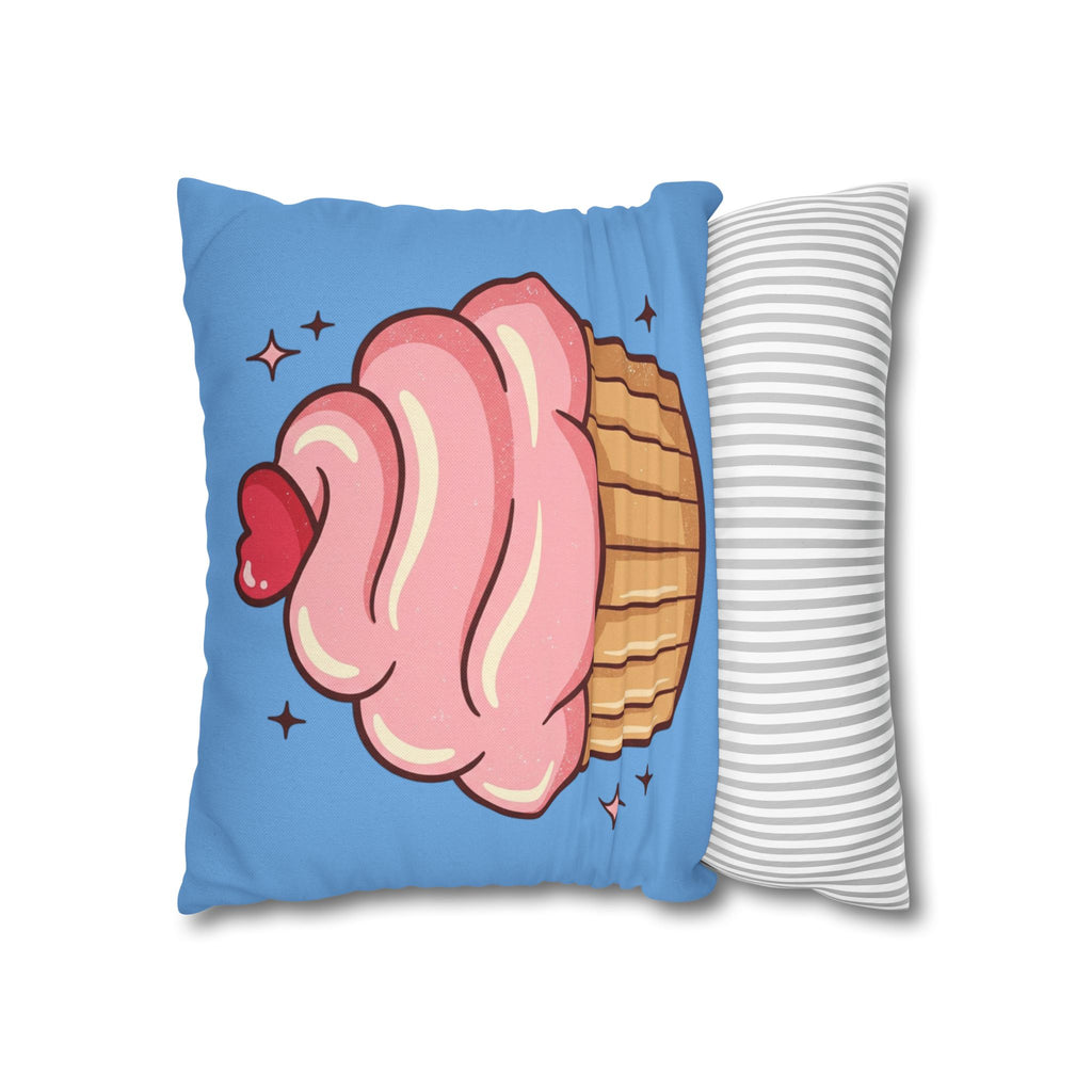 Pink Cupcake Spun Polyester Square Pillowcase- Light Blue