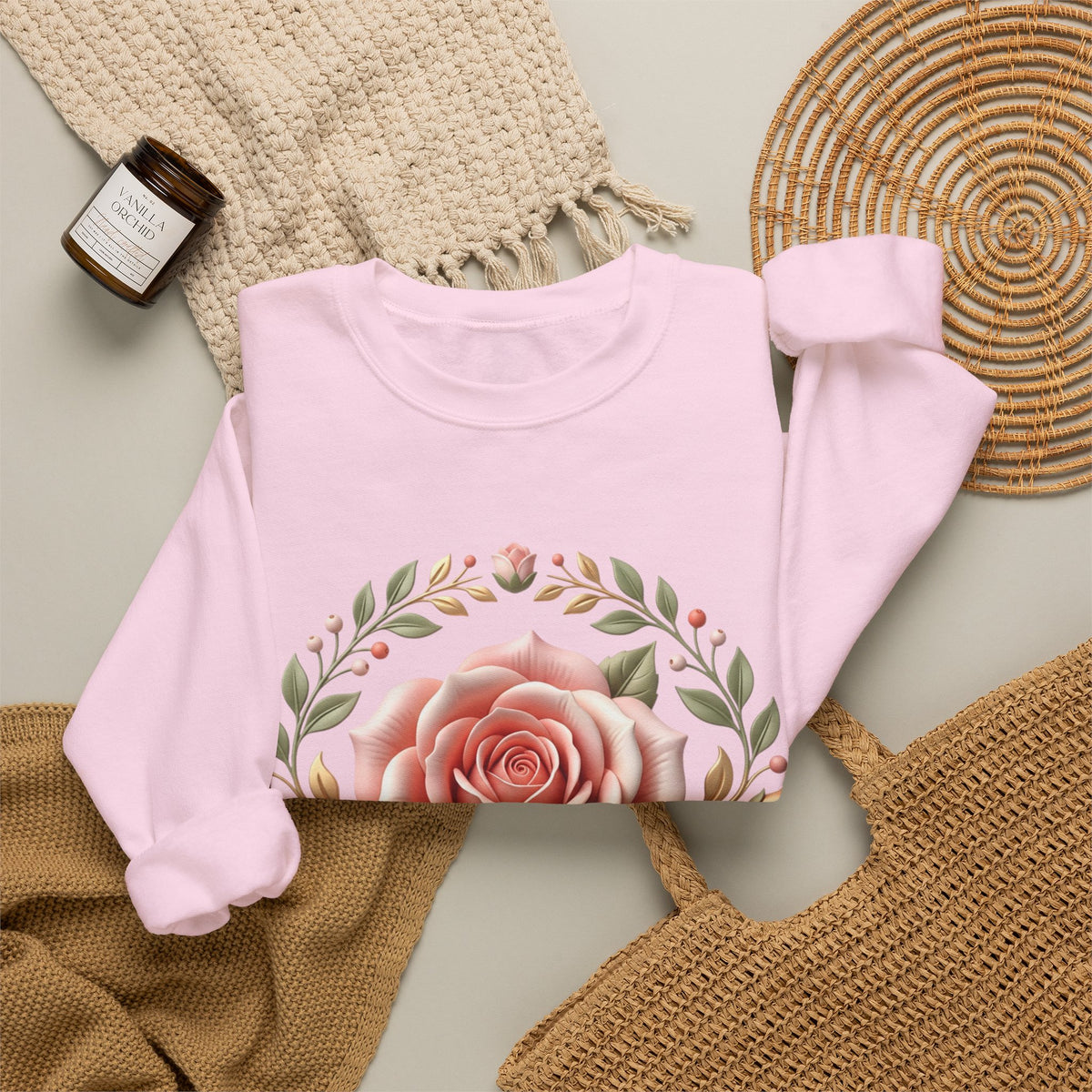Rose Wreath Crewneck Sweatshirt — Vintage Floral Rose Pullover