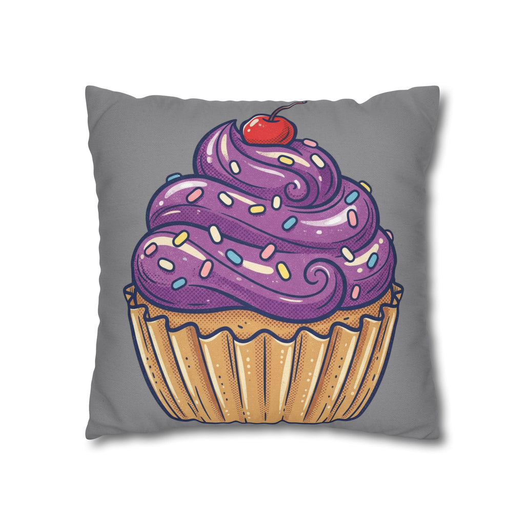 Cupcake Pillowcase — Whimsical Purple Frosting Decorative Throw Pillow- Grey