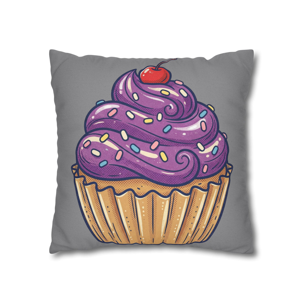 Cupcake Pillowcase — Whimsical Purple Frosting Decorative Throw Pillow- Grey
