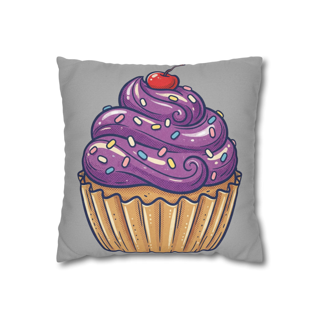 Cupcake Cushion Cover — Purple Frosting Dessert Pillowcase- Light Grey