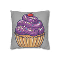 Cupcake Cushion Cover — Purple Frosting Dessert Pillowcase- Light Grey