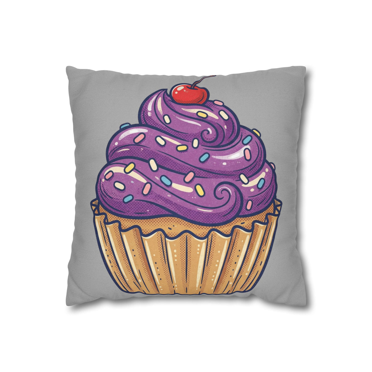 Cupcake Cushion Cover — Purple Frosting Dessert Pillowcase- Light Grey