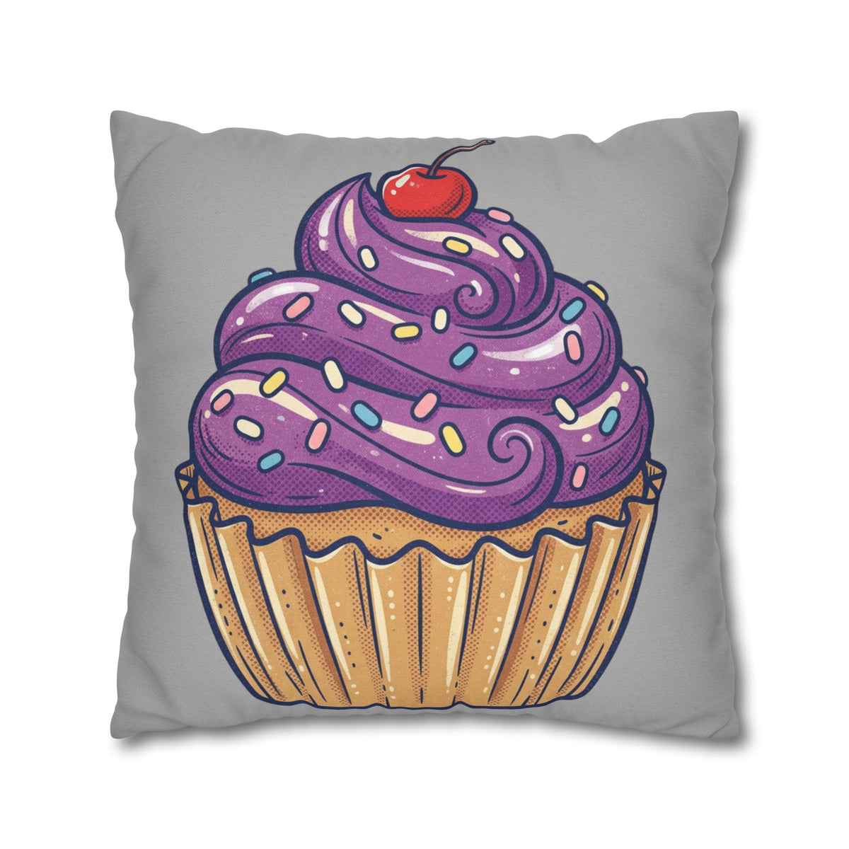 Cupcake Cushion Cover — Purple Frosting Dessert Pillowcase- Light Grey