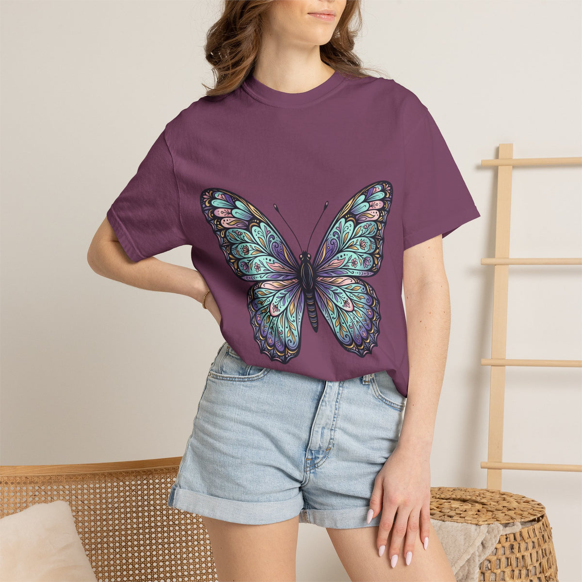 Butterfly Art T‑Shirt — Blue Purple Ornamental Butterfly Graphic Tee