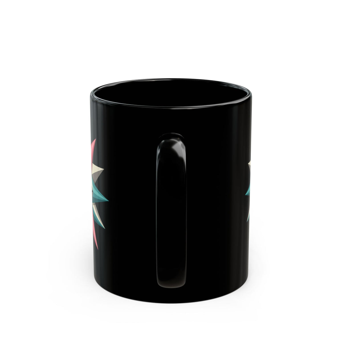 Geometric Starburst Black Coffee Mug — Retro Teal & Pink 11oz/15oz