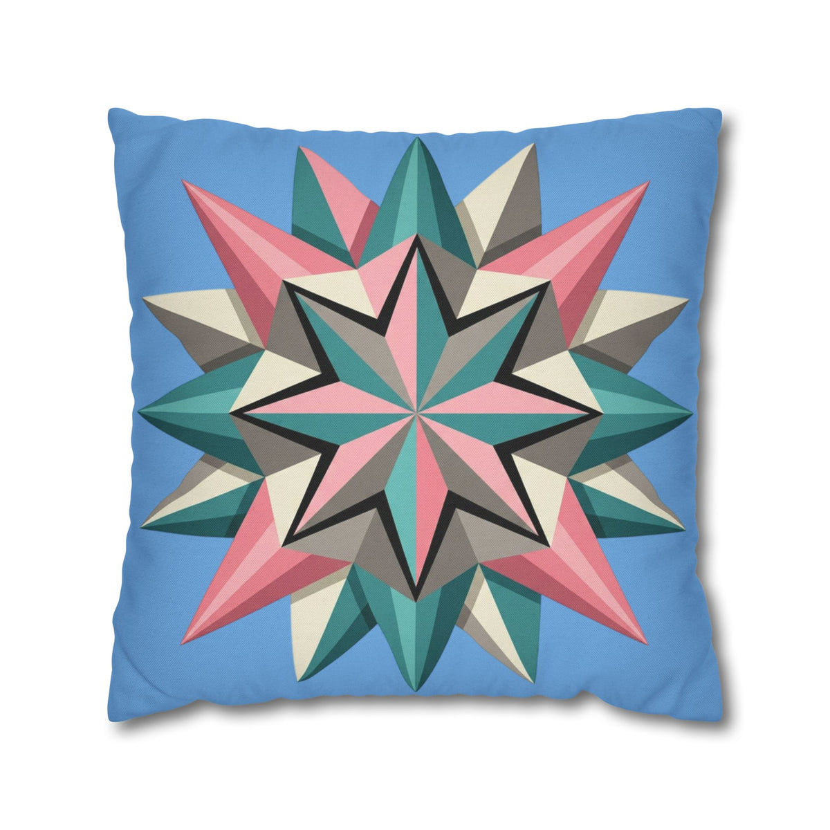 Geometric Starburst Throw Pillowcase – Pastel Compass Design on Sky Blue