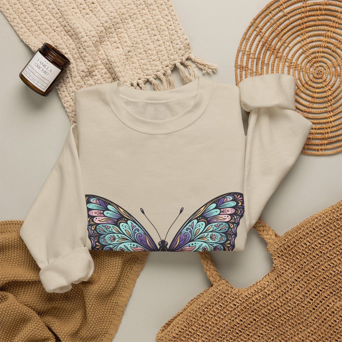 Butterfly Crewneck Sweatshirt – Teal Purple Watercolor Wing Design