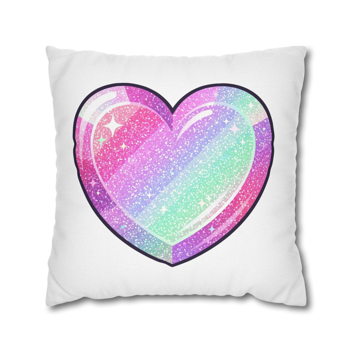 Pastel Glitter Heart Pillowcase — Cute Rainbow Sparkle Decorative Throw Pillow- White