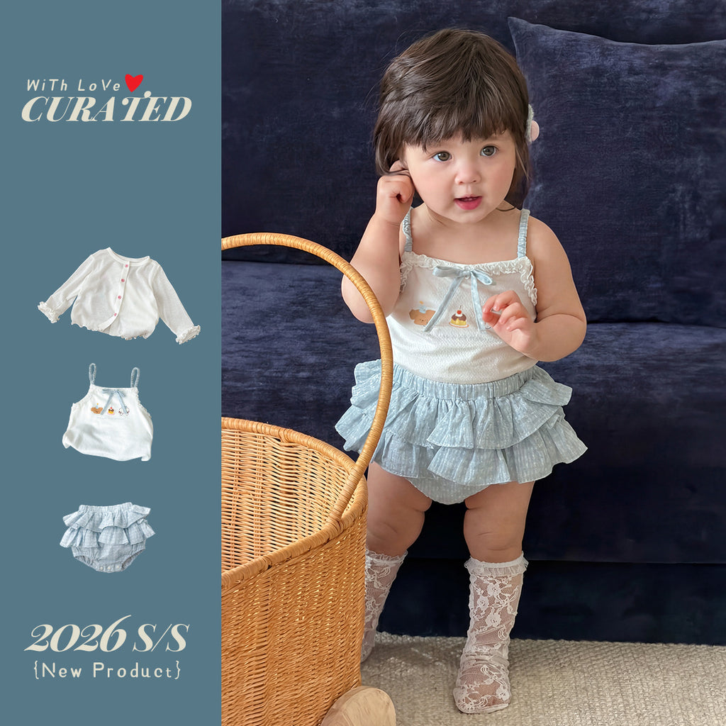 Cute Cartoon Strap Ruffle Bloomers Dress Set for Girls Kids Clothing, Summer Outfit Two-Piece Set