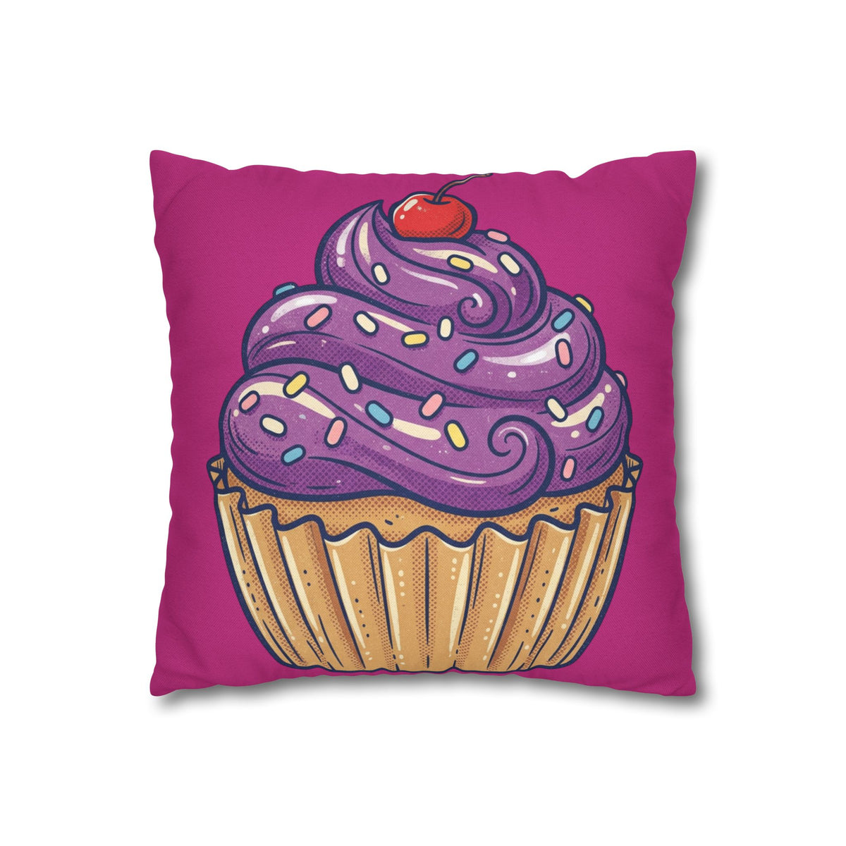 Cupcake Illustration Pillowcase - Purple Frosting Decorative Throw Pillow Cover- Magenta