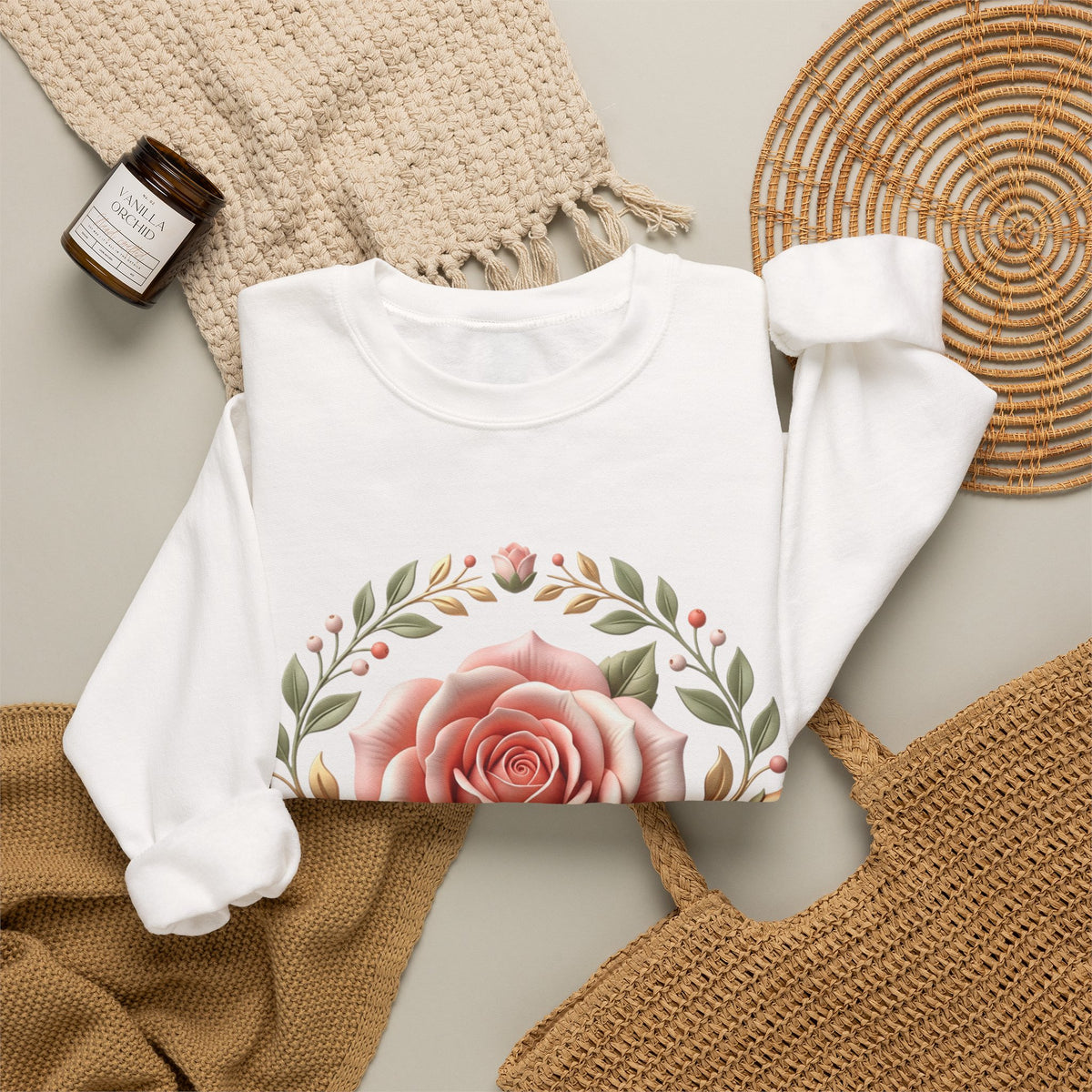 Rose Wreath Crewneck Sweatshirt — Vintage Floral Rose Pullover