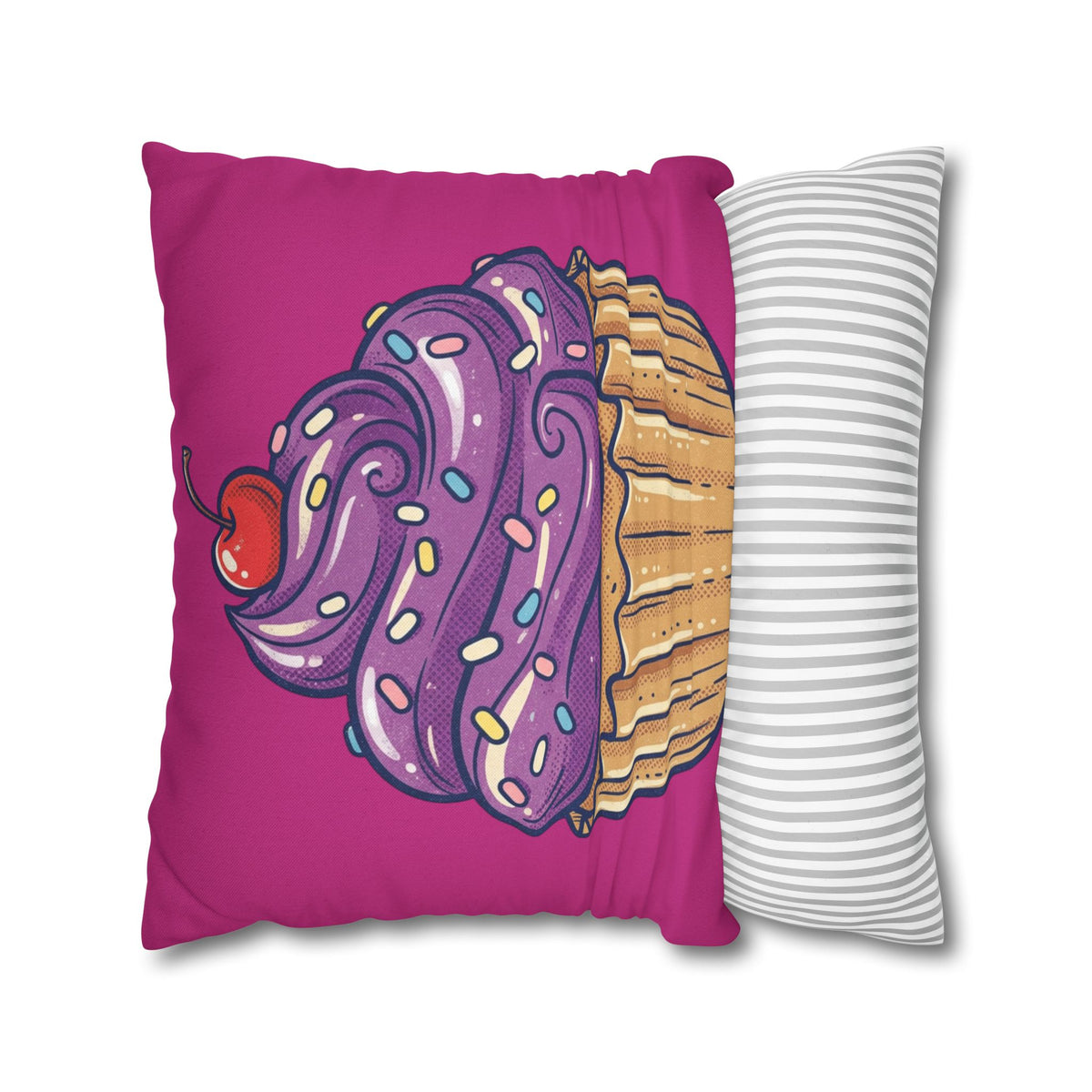Cupcake Illustration Pillowcase - Purple Frosting Decorative Throw Pillow Cover- Magenta