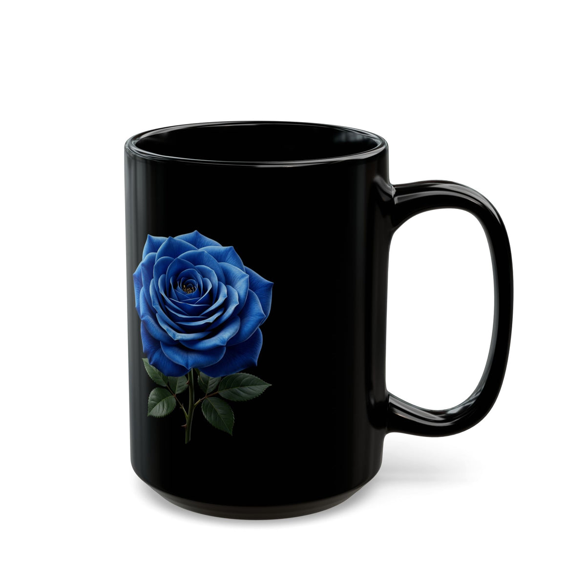Blue Rose Black Mug — Elegant Floral Coffee Cup (11oz/15oz)